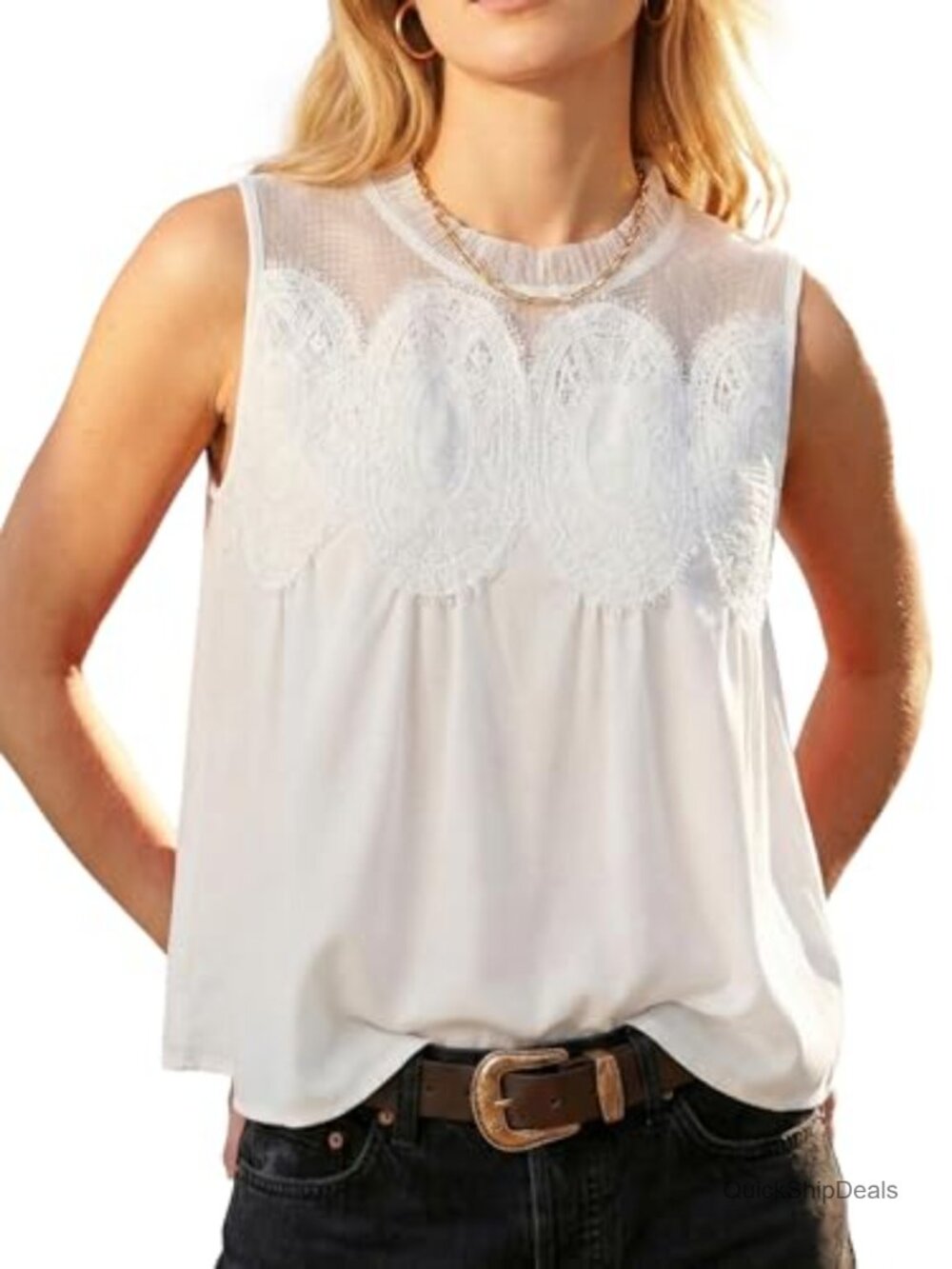 Womens Lace Mesh Babydoll Tank Top Sleeveless Flared Blouse